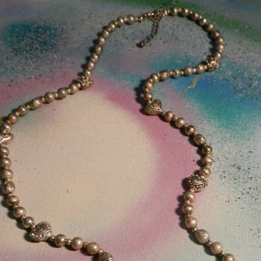 VTG hearts a'gogo silver necklace long silver tone filigree beaded pendant heart - Picture 3 of 16
